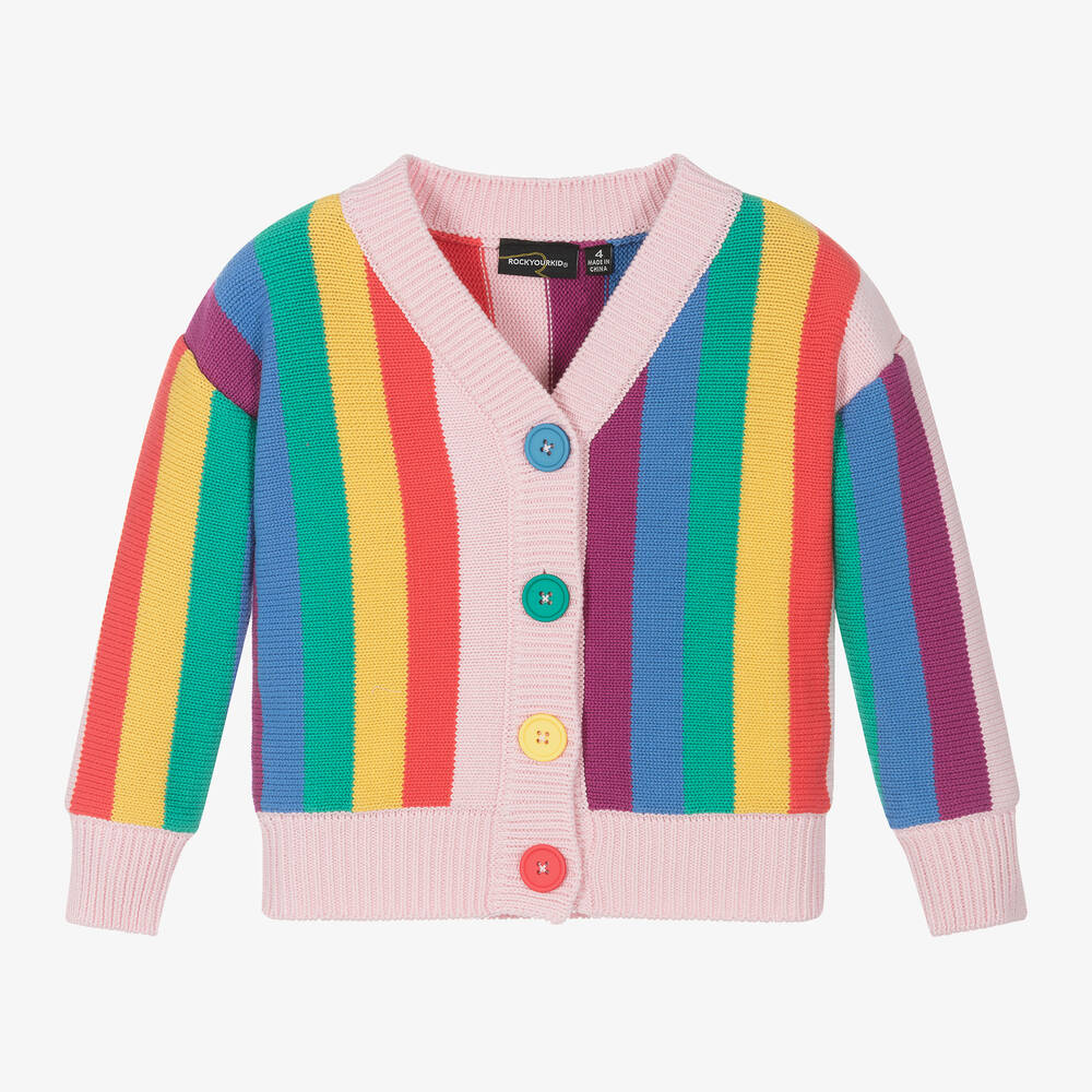 Rock Your Baby - Girls Pink Rainbow Stripe Cotton Cardigan | Childrensalon