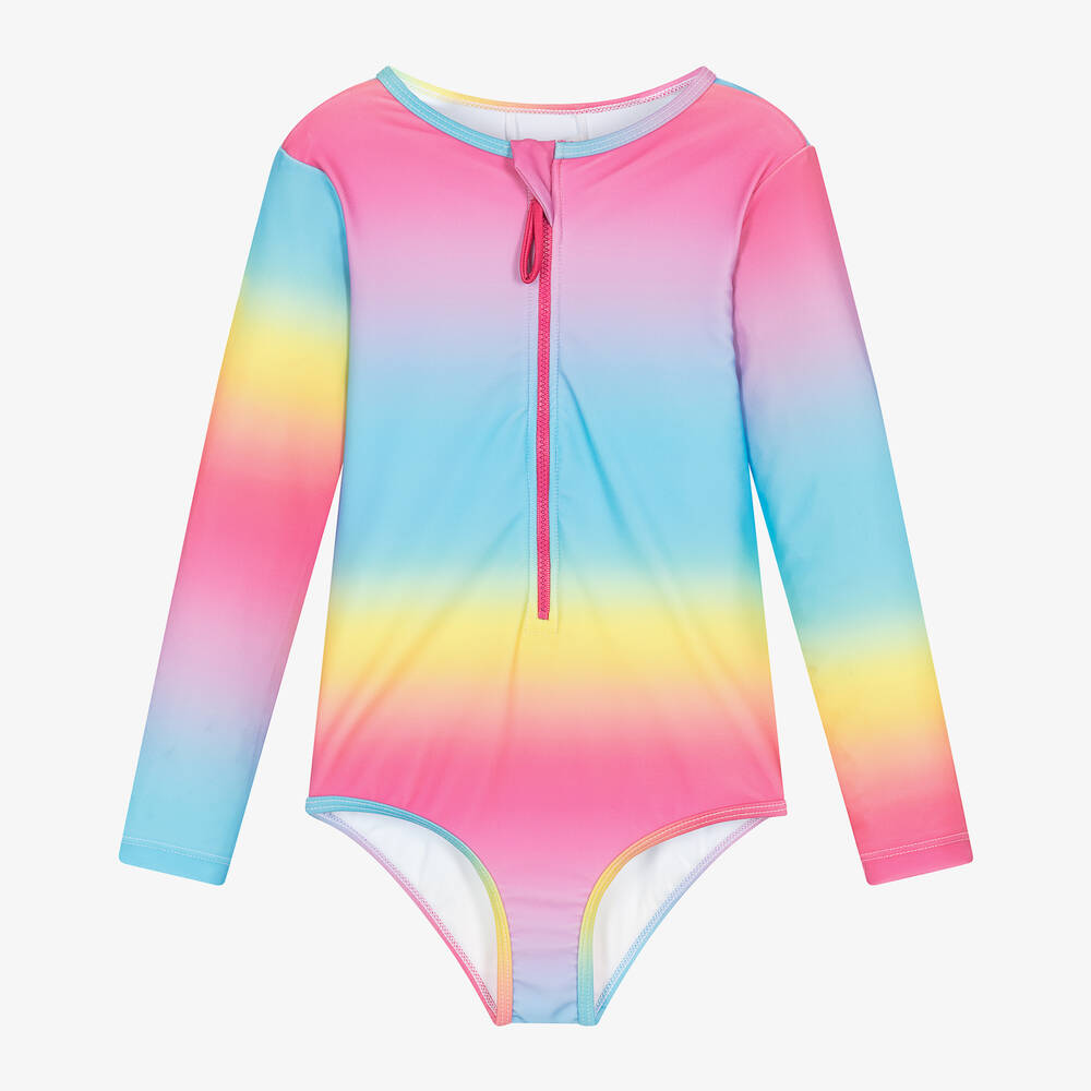 Rock Your Baby - Girls Pink Rainbow Swimsuit (UPF50+) | Childrensalon