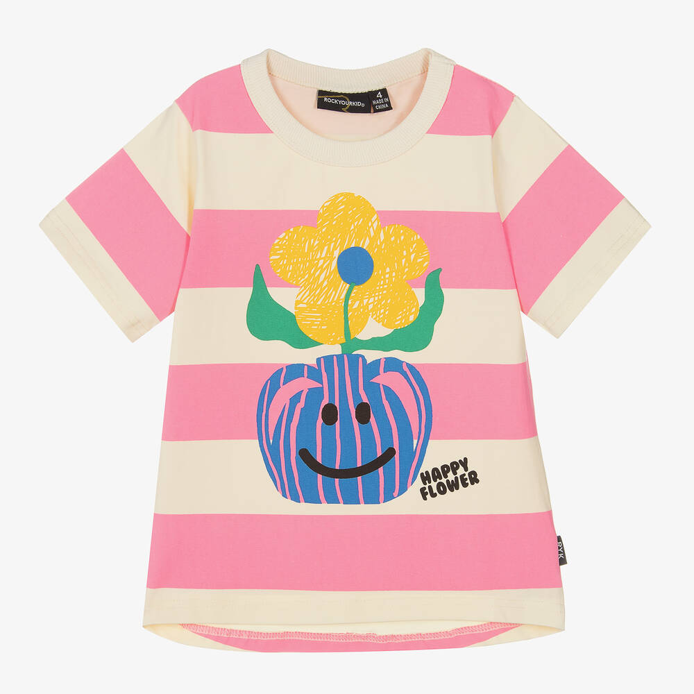 Rock Your Baby - Girls Pink Striped Flower T-Shirt | Childrensalon