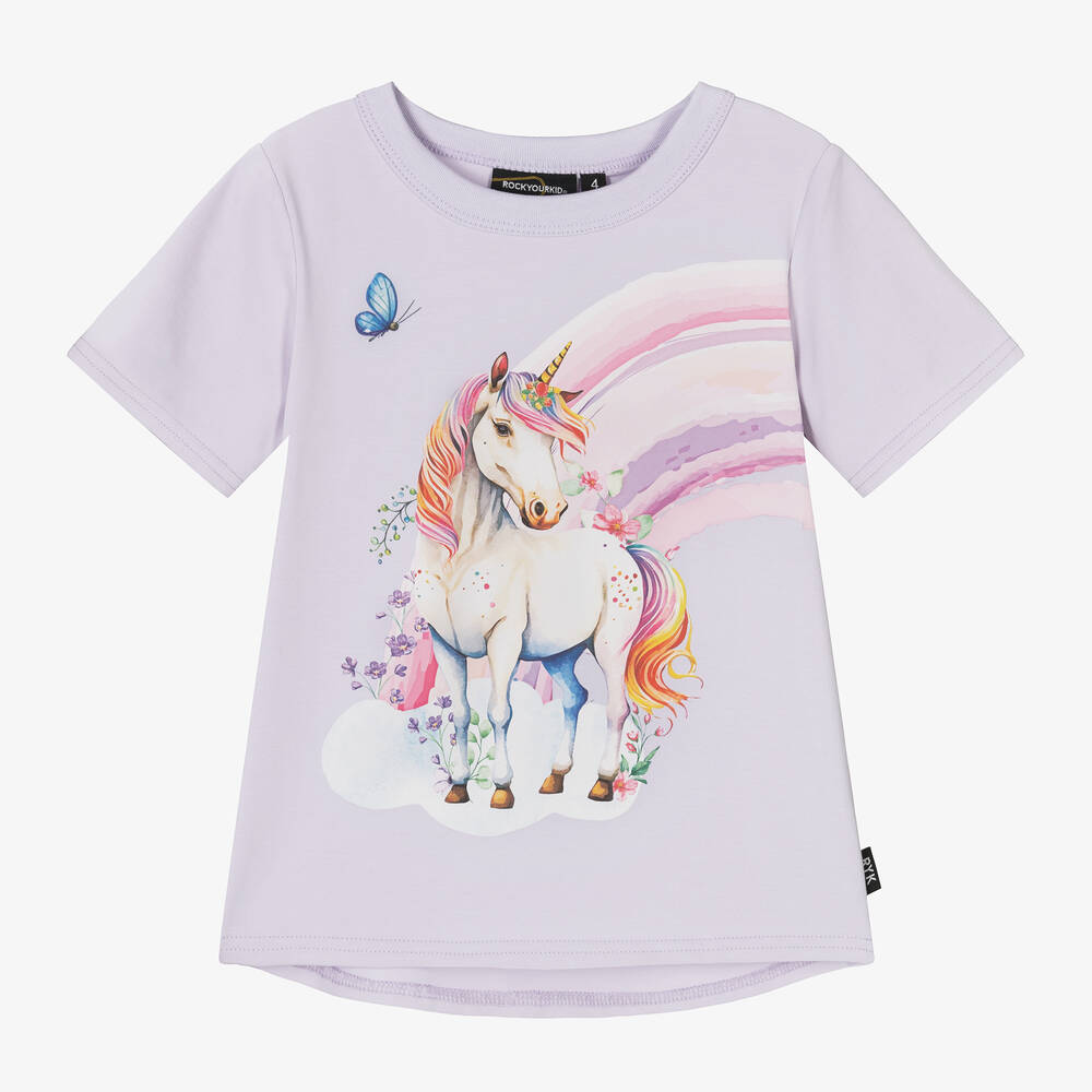 Rock Your Baby - Girls Purple Unicorn Cotton T-Shirt | Childrensalon