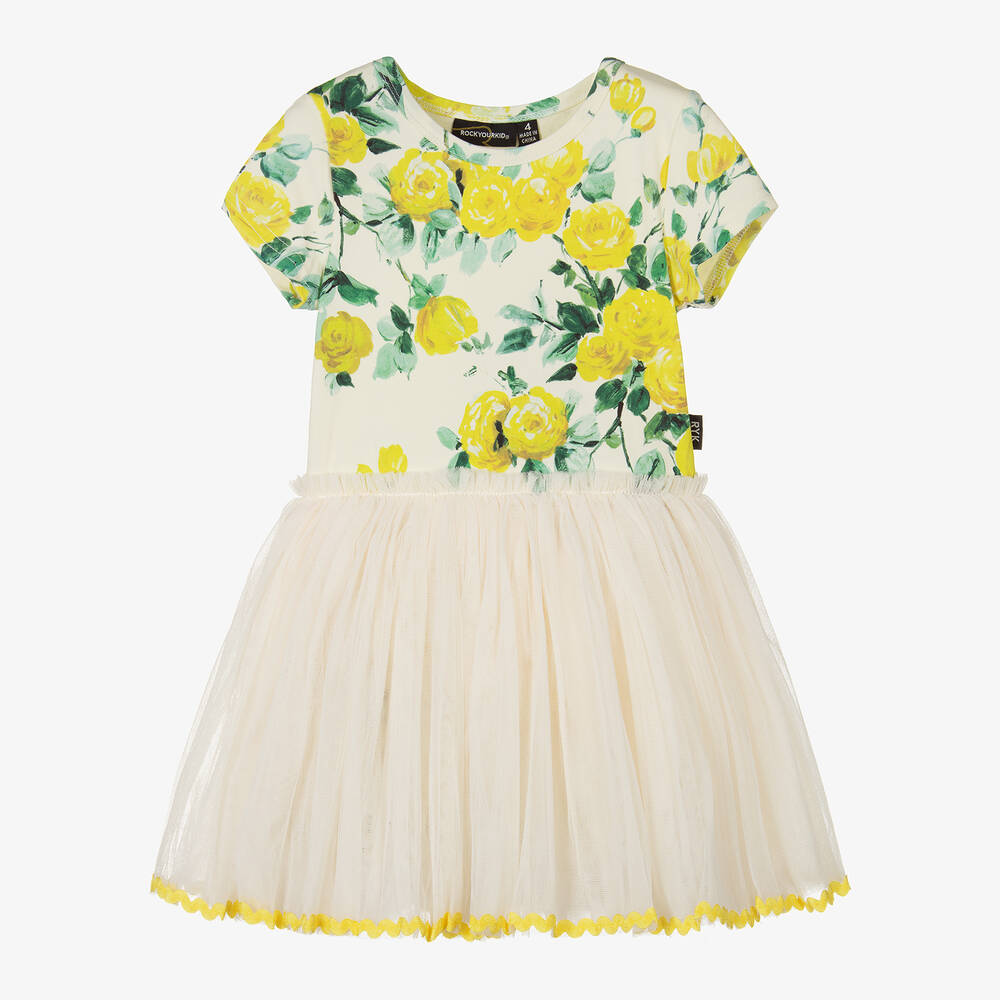 Rock Your Baby - Girls Yellow Cotton & Tulle Rose Dress | Childrensalon