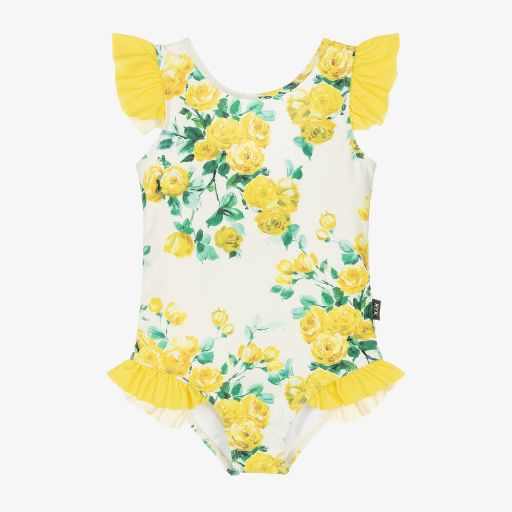 Rock Your Baby - Girls Yellow Roses Swimsuit (UPF50+) | Childrensalon