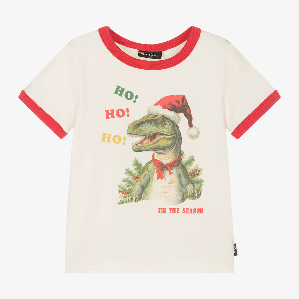 Rock Your Baby - Ivory Festive Dinosaur Cotton T-Shirt | Childrensalon