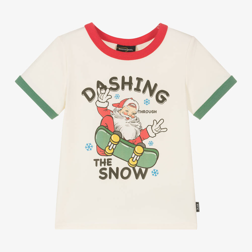 Rock Your Baby - Ivory Skateboard Santa Cotton T-Shirt | Childrensalon