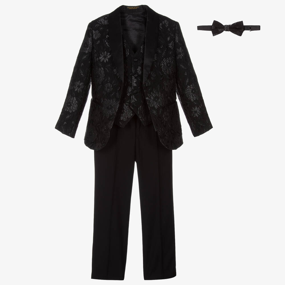 Romano - Boys Black Floral Jacquard Suit | Childrensalon