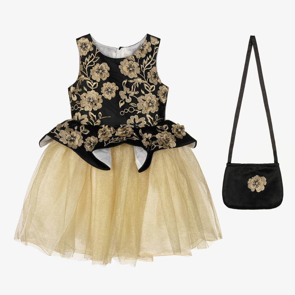 Romano - Girls Black & Gold Organza Dress Set | Childrensalon