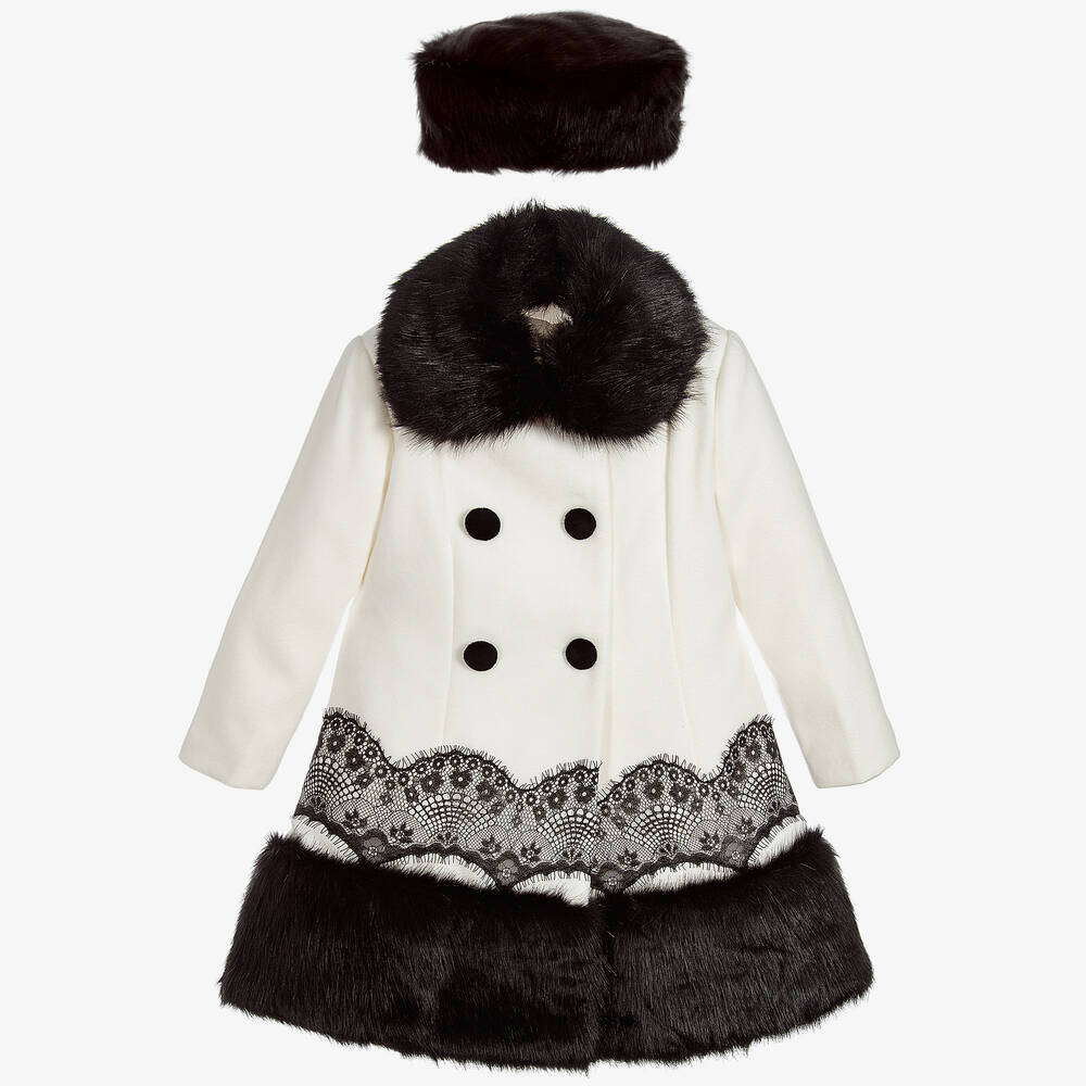 Romano Princess -  طقم معطف و قبعة فرو صناعي لون عاجي و أسود | Childrensalon