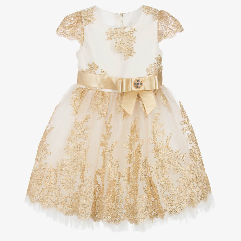 Romano - طقم فستان دانتيل لون عاجي و ذهبي  | Childrensalon