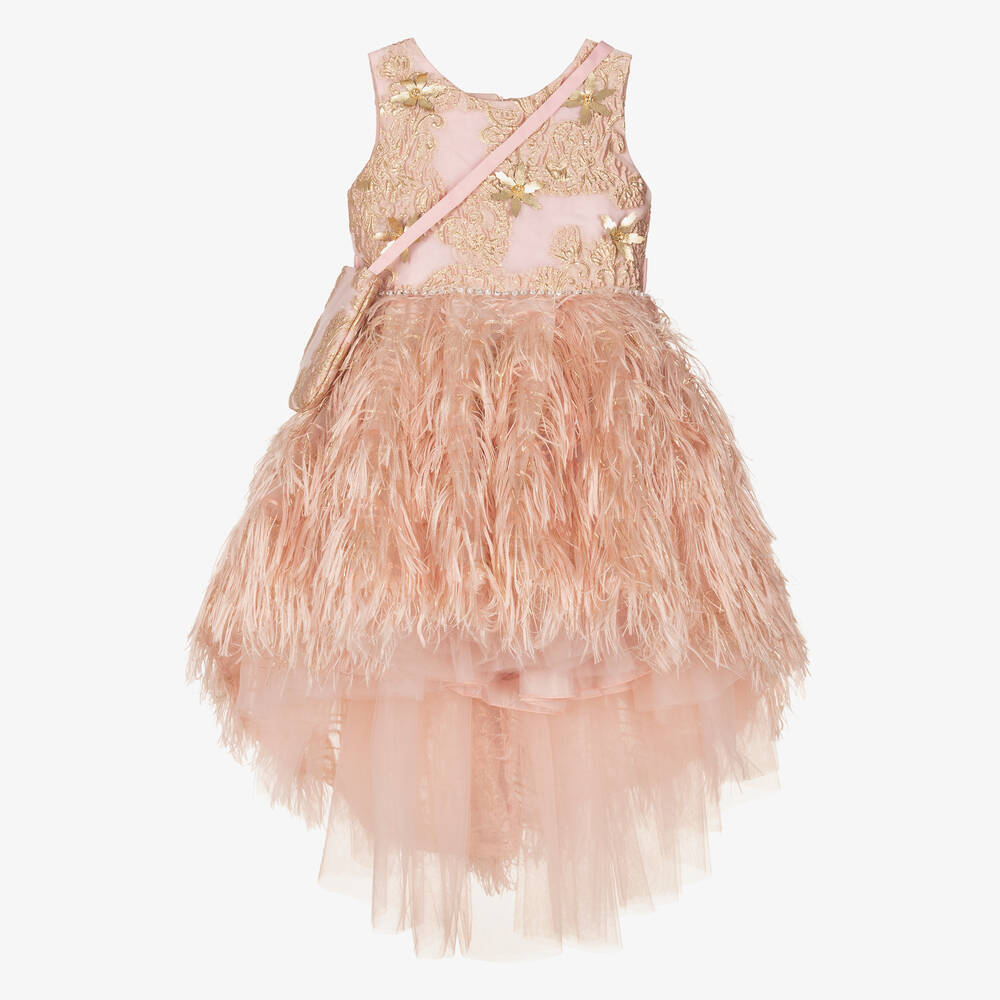 Romano - Розовое платье из органзы с золотистыми перьями и сумочка | Childrensalon