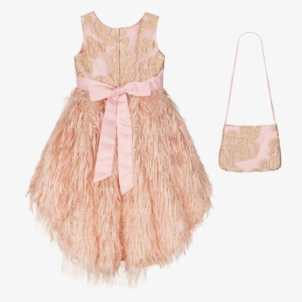 Romano - Girls Pink & Gold Feather Organza Dress Set | Childrensalon
