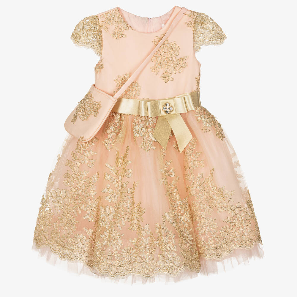 Romano - طقم فستان دانتيل لون زهري وذهبي  | Childrensalon