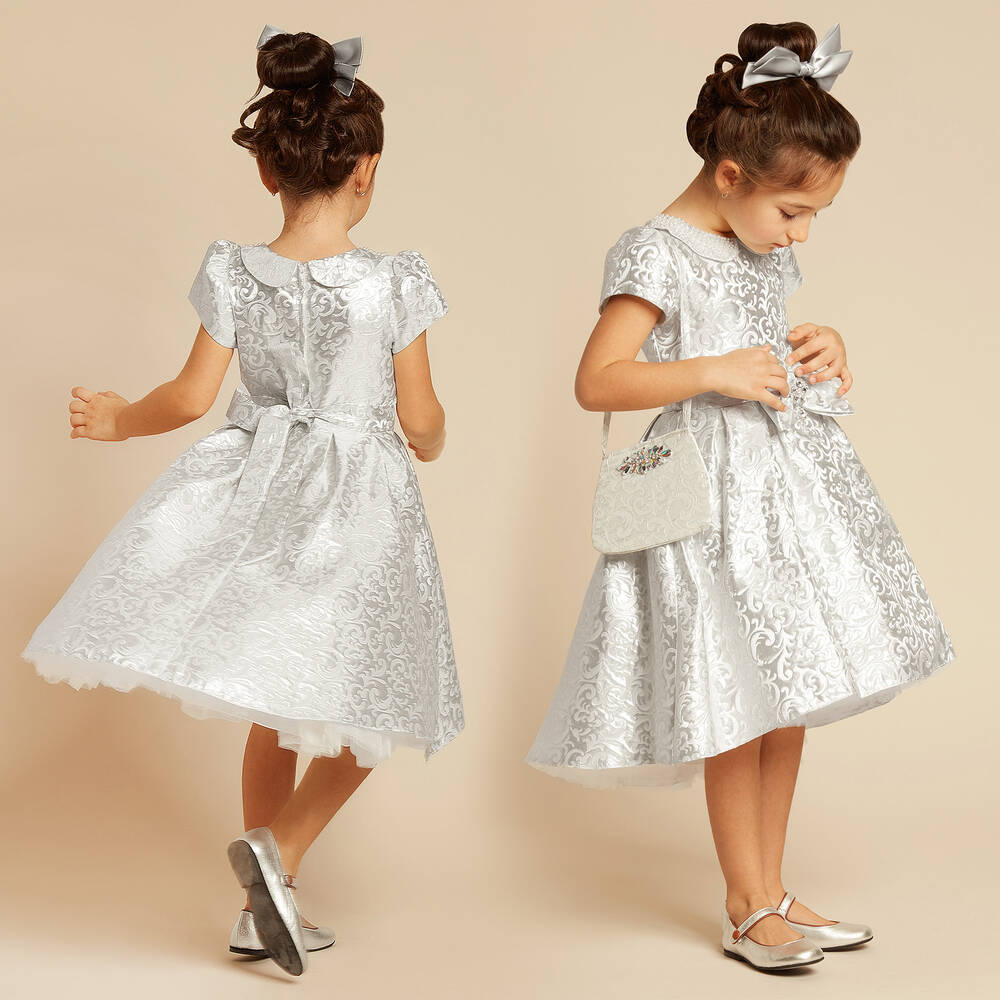 Romano-طقم فستان وحقيبة جاكارد لون فضي | Childrensalon