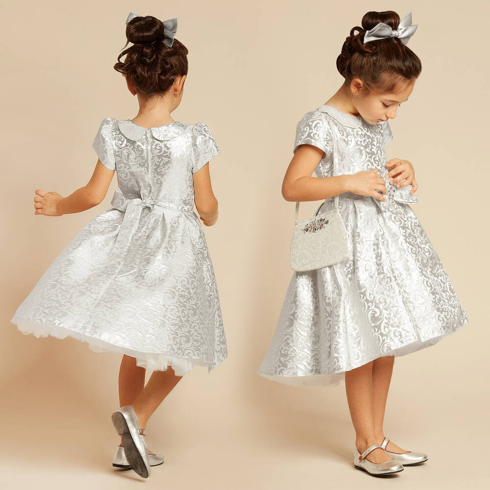 Romano-Ensemble robe et sac en jacquard argenté fille | Childrensalon