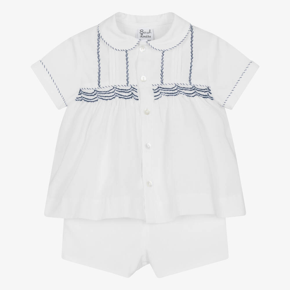Sarah Louise - Baby Boys White Embroidered Shorts Set | Childrensalon