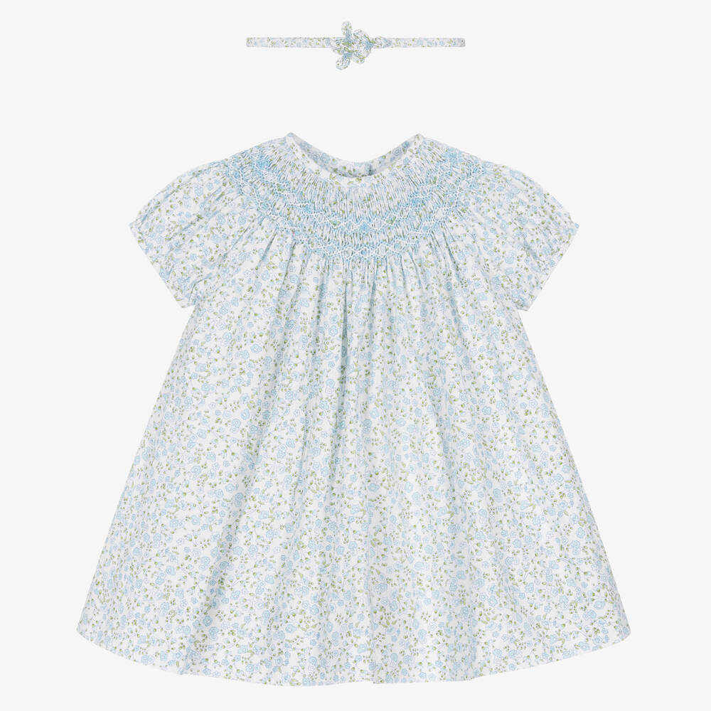 Sarah Louise - Baby Girls Blue Smocked Floral Dress Set | Childrensalon