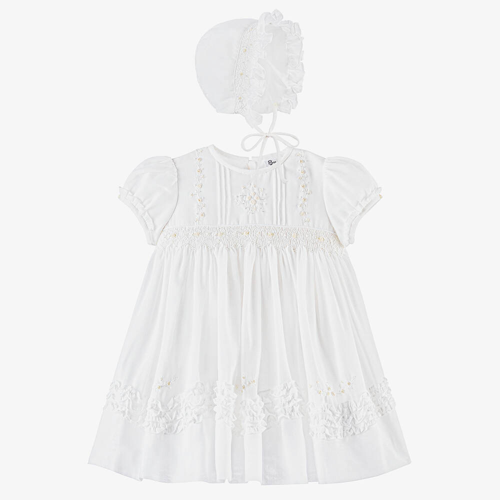Sarah Louise Baby Girls Ivory Smocked Dress & Bonnet Set
