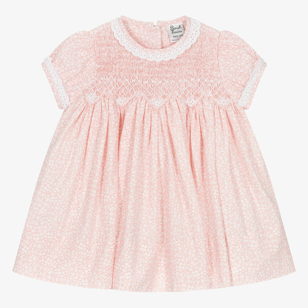 Sarah Louise - Baby Girls Pink Hand-Smocked Floral Dress | Childrensalon