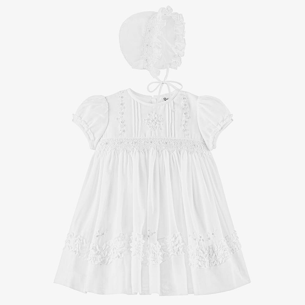 Sarah Louise Baby Girls White Smocked Dress & Bonnet Set