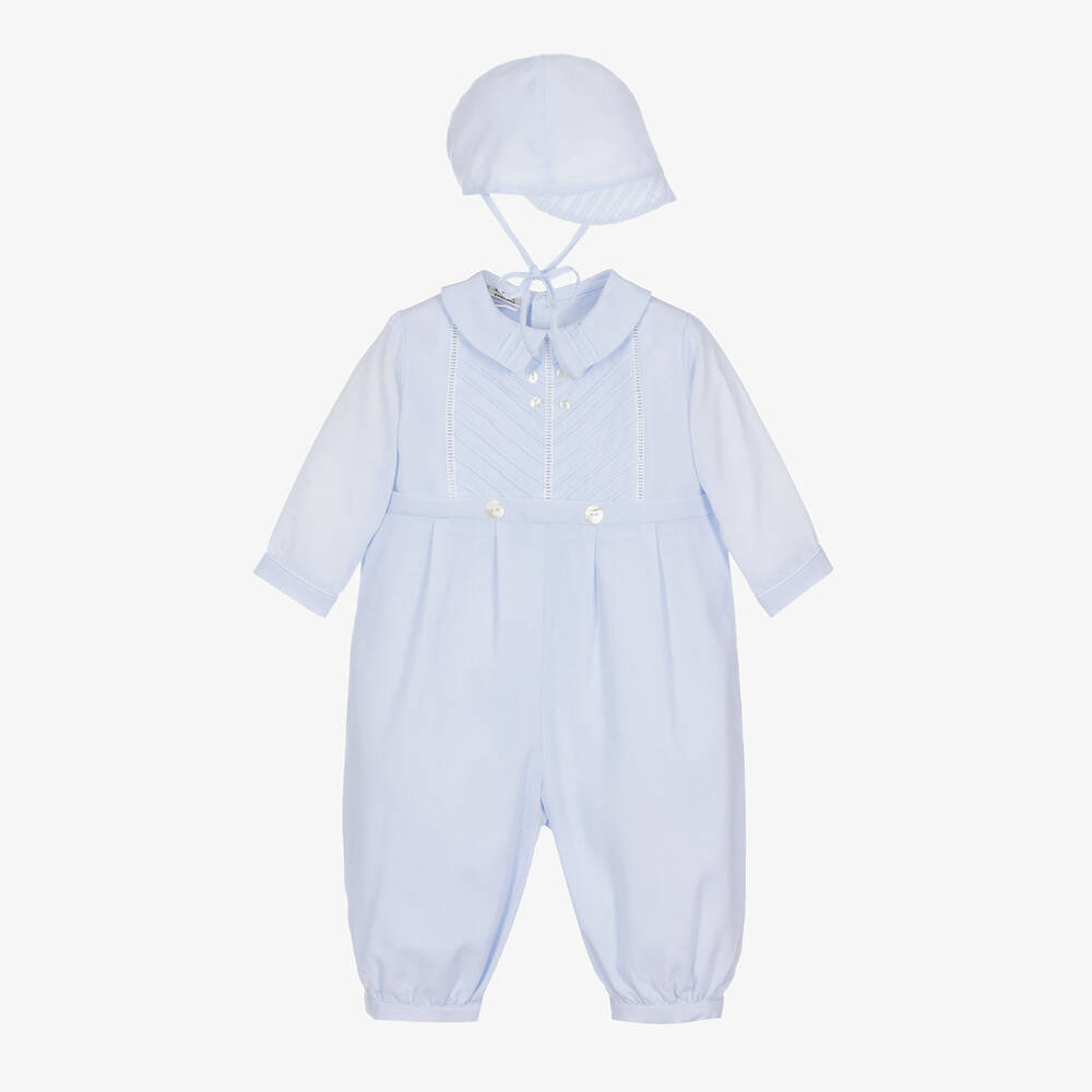 Sarah Louise - أفرول رومبر وقبعة مزيج قطن لون أزرق للمواليد | Childrensalon