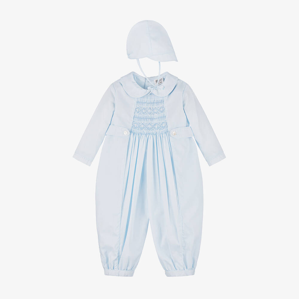 Sarah Louise - Boys Blue Hand-Smocked Babysuit Set | Childrensalon