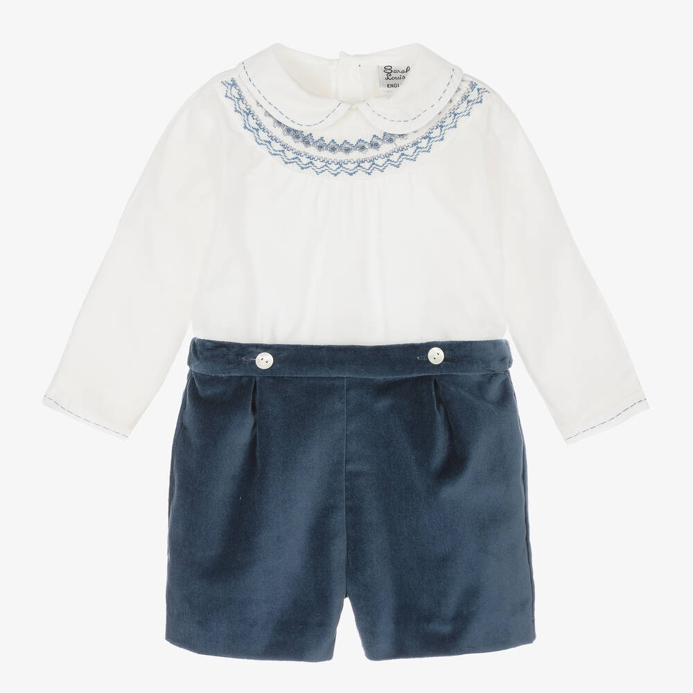 Sarah Louise - Boys Blue Velvet Smocked Buster Suit | Childrensalon