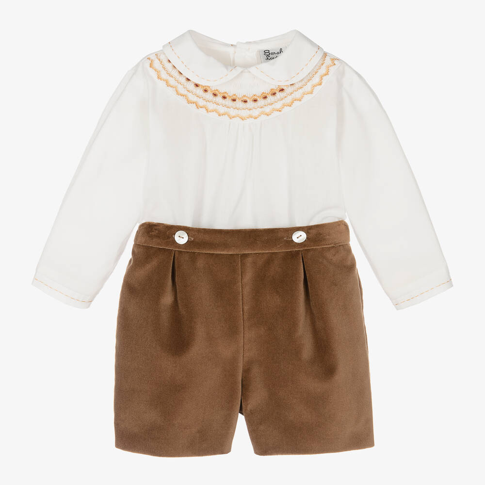 Sarah Louise - Boys Brown Velvet Smocked Buster Suit | Childrensalon