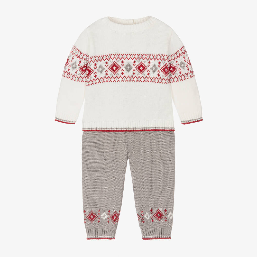 Sarah Louise - Boys Grey Fair Isle Knitted Trouser Set | Childrensalon