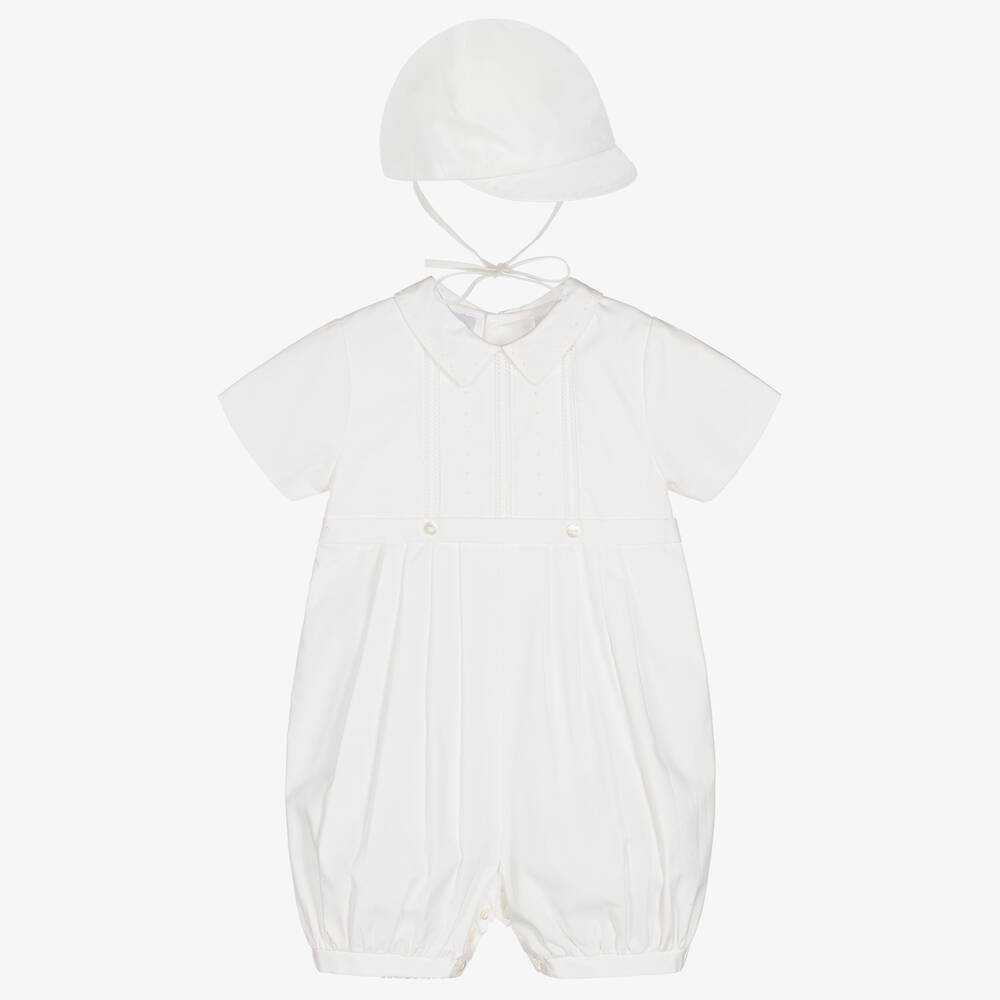 Sarah Louise - Boys Ivory Cotton Babysuit & Hat Set | Childrensalon
