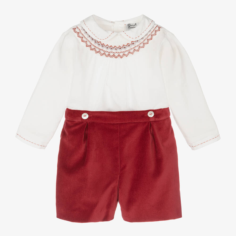 Sarah Louise - Boys Red Velvet Smocked Buster Suit | Childrensalon