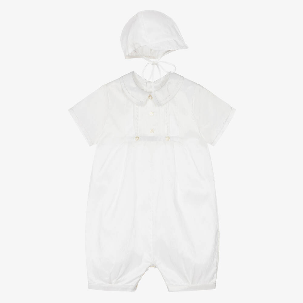 Sarah Louise - Boys White Babysuit & Hat Set | Childrensalon
