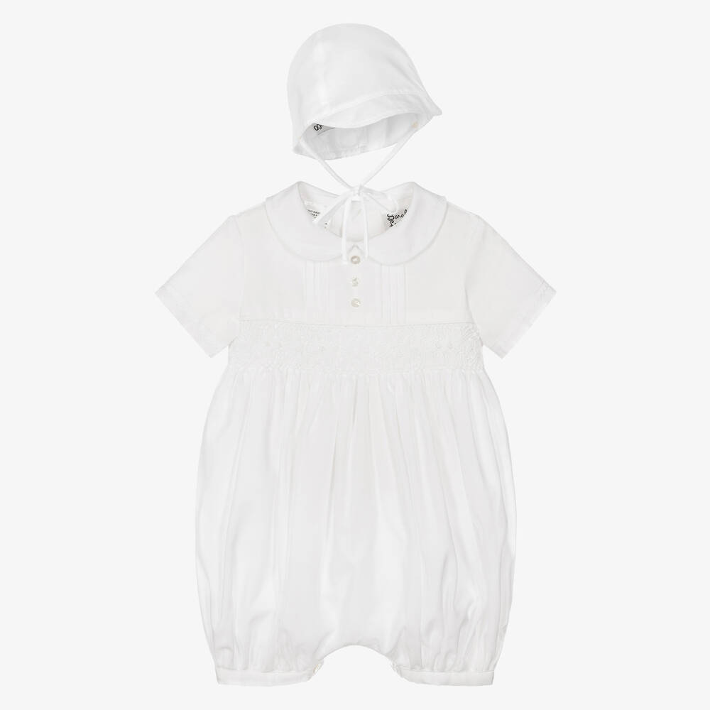 Sarah Louise - Boys White Babysuit & Hat Set | Childrensalon