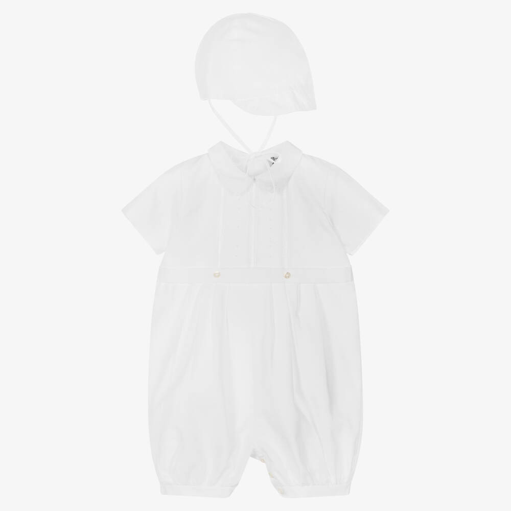 Sarah Louise - Boys White Cotton Babysuit & Hat Set | Childrensalon