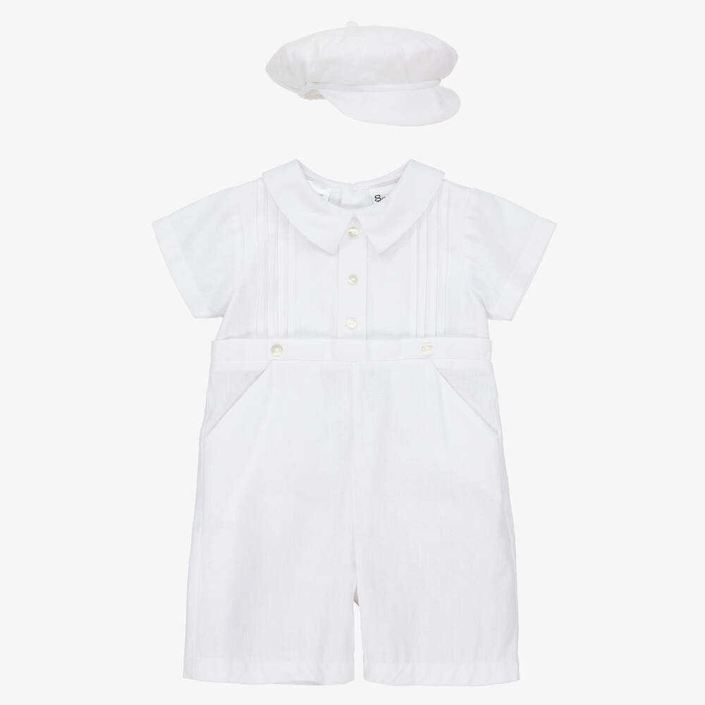 Sarah Louise - Boys White Cotton & Linen Babysuit Set | Childrensalon