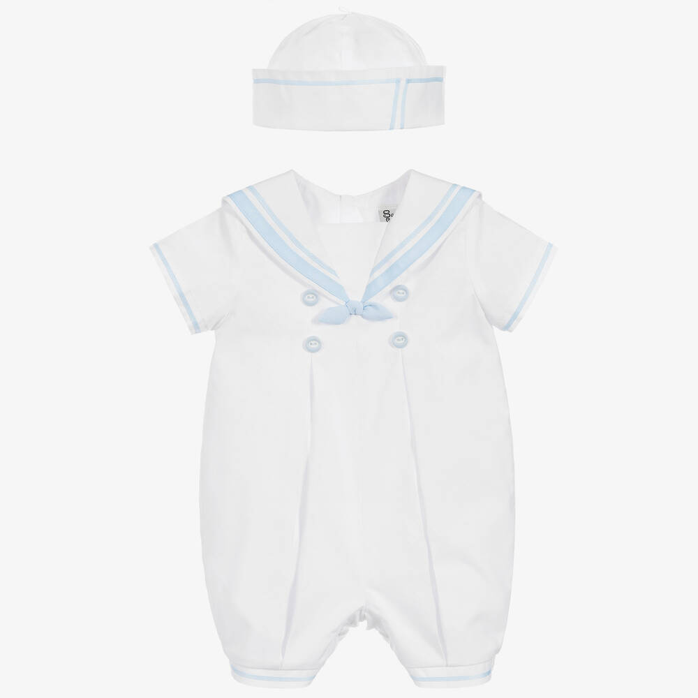 Sarah Louise - Boys White Cotton Sailor Style Babysuit Set | Childrensalon