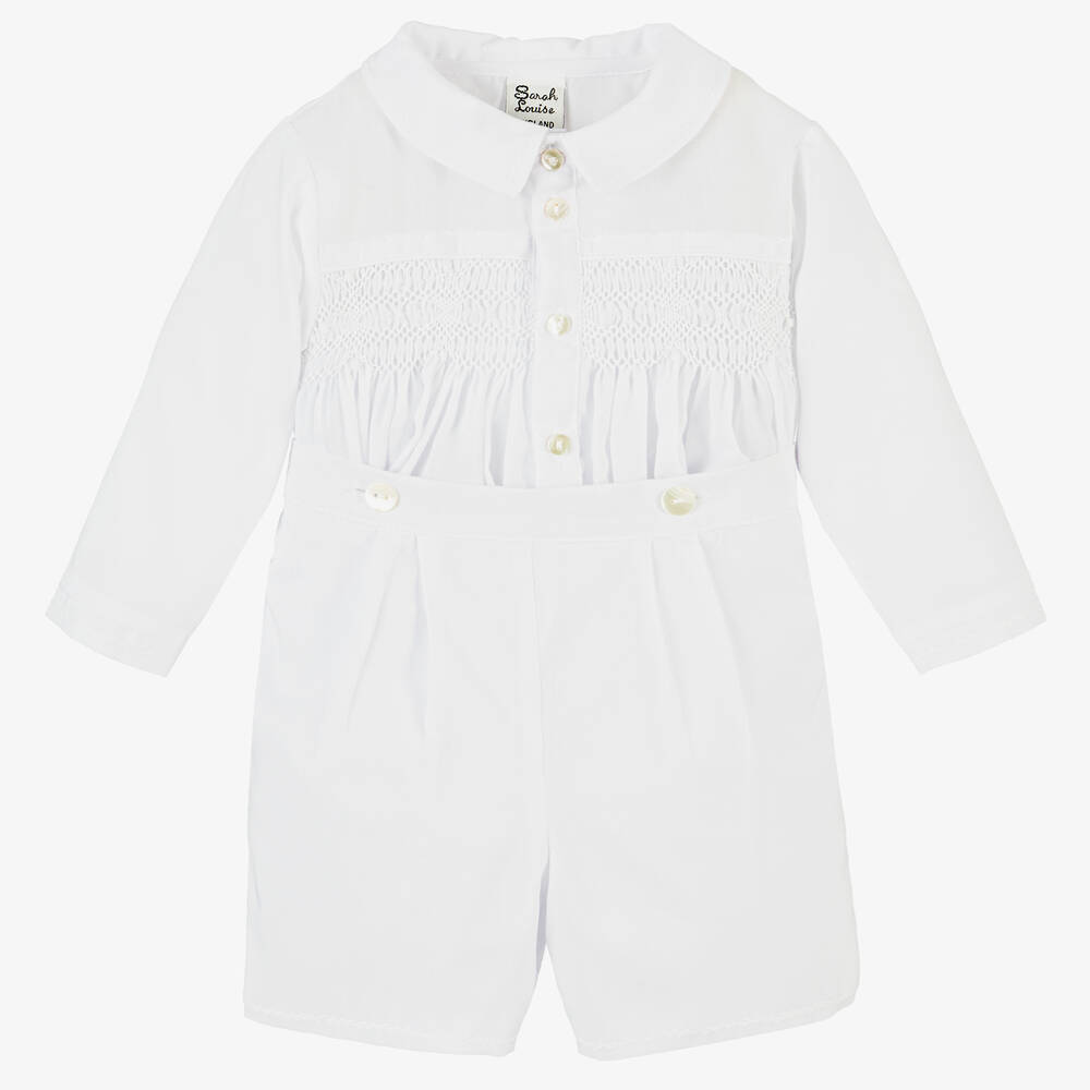 Sarah Louise - Boys White Hand-Smocked Buster Suit | Childrensalon
