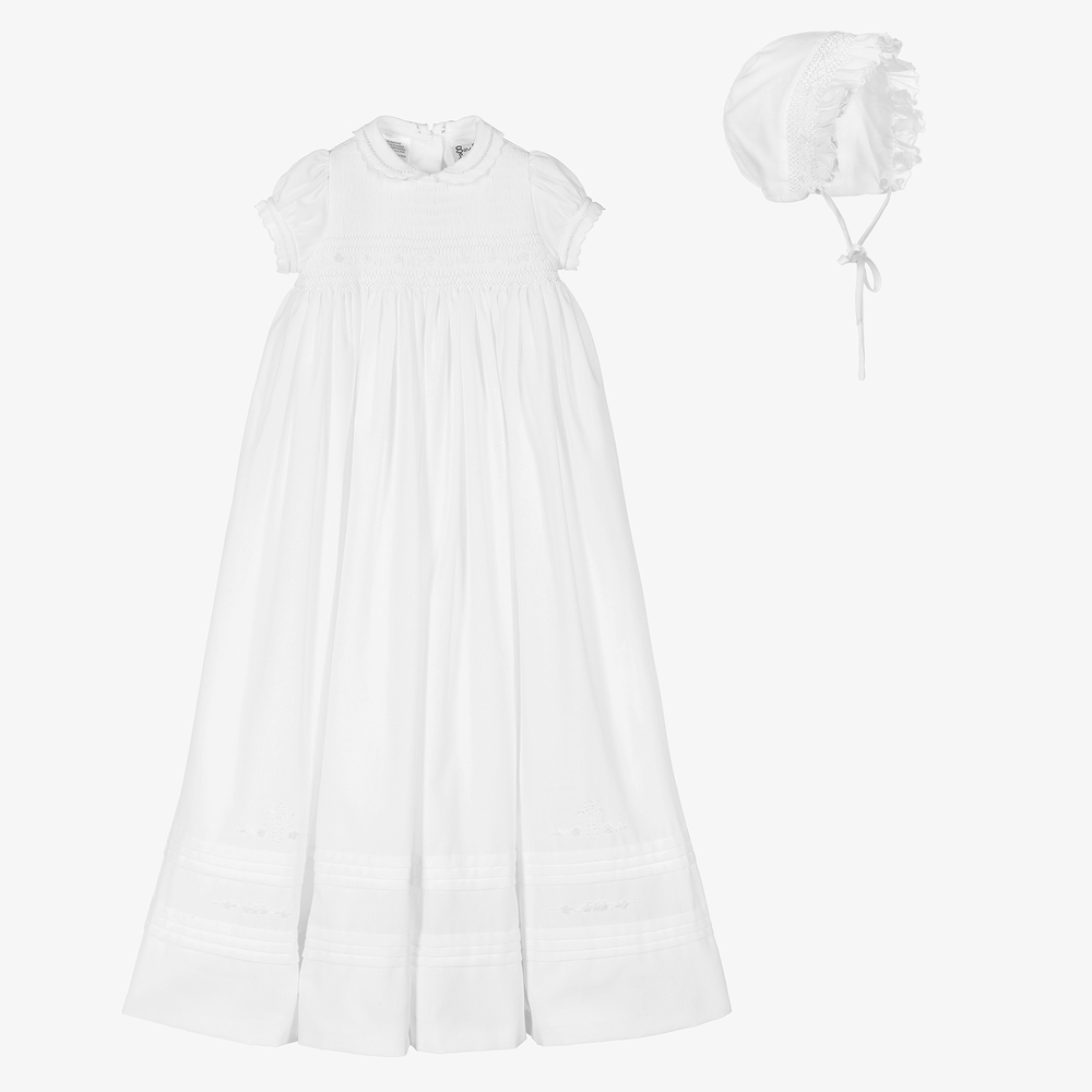 Sarah Louise - طقم ثوب مراسم وبونيه بولي قطن لون أبيض للأطفال | Childrensalon