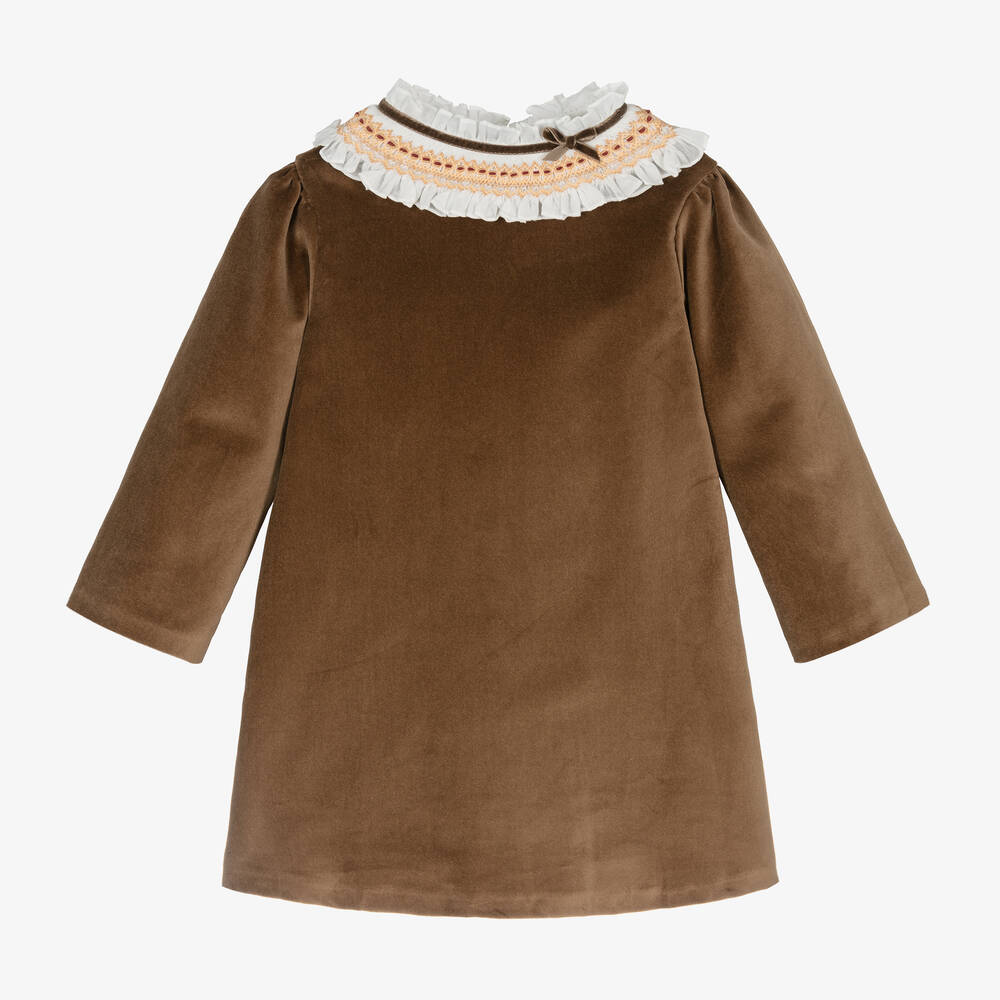 Sarah Louise - Girls Beige Velvet Smocked Dress | Childrensalon