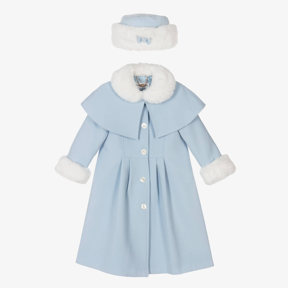 Sarah Louise - طقم معطف و قبعة مزيج فيسكوز لون أزرق فاتح للبنات | Childrensalon