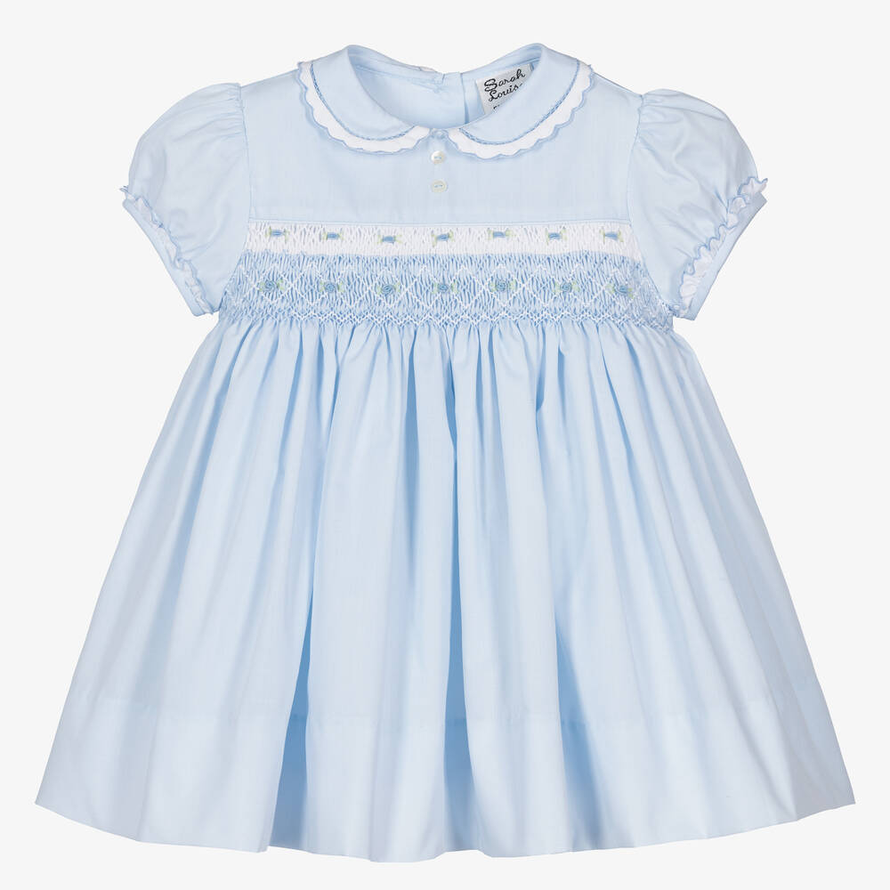 Sarah Louise - Girls Blue Cotton Hand-Smocked Dress | Childrensalon