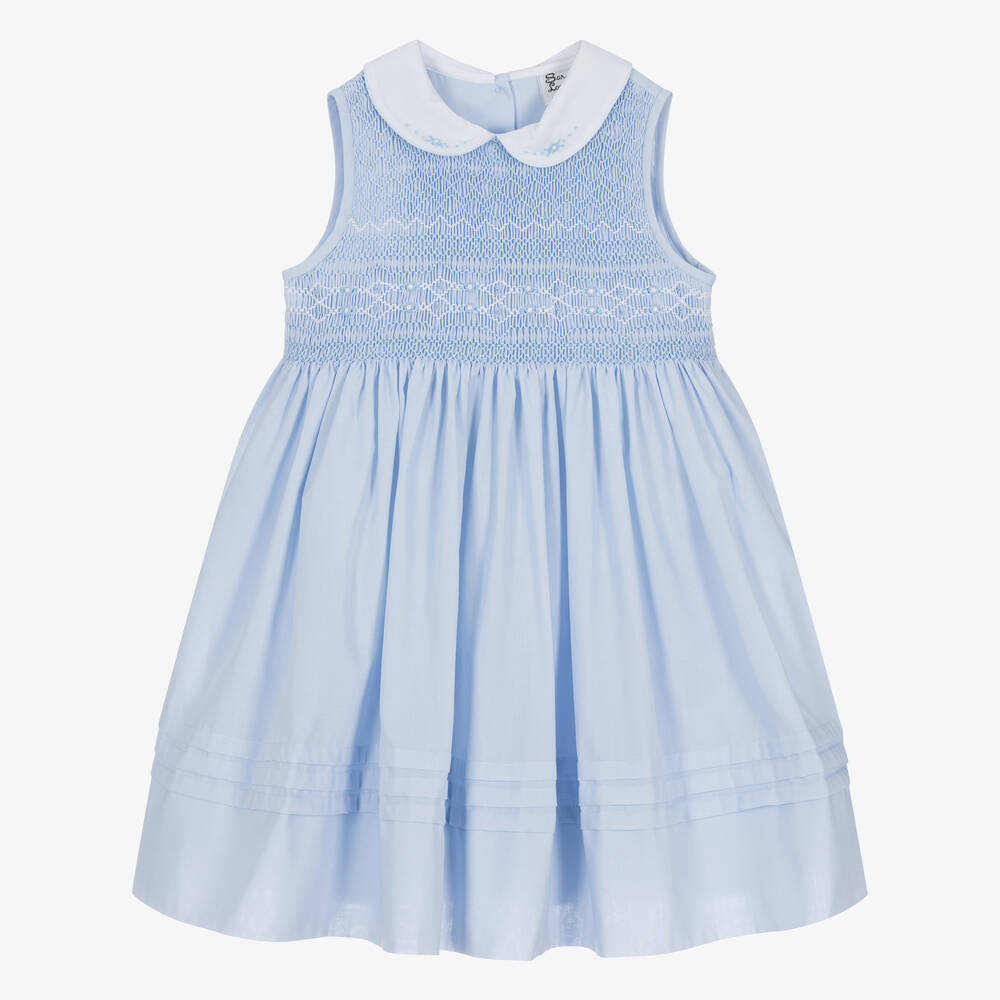 Sarah Louise Kids' Girls Blue Cotton Hand-smocked Dress