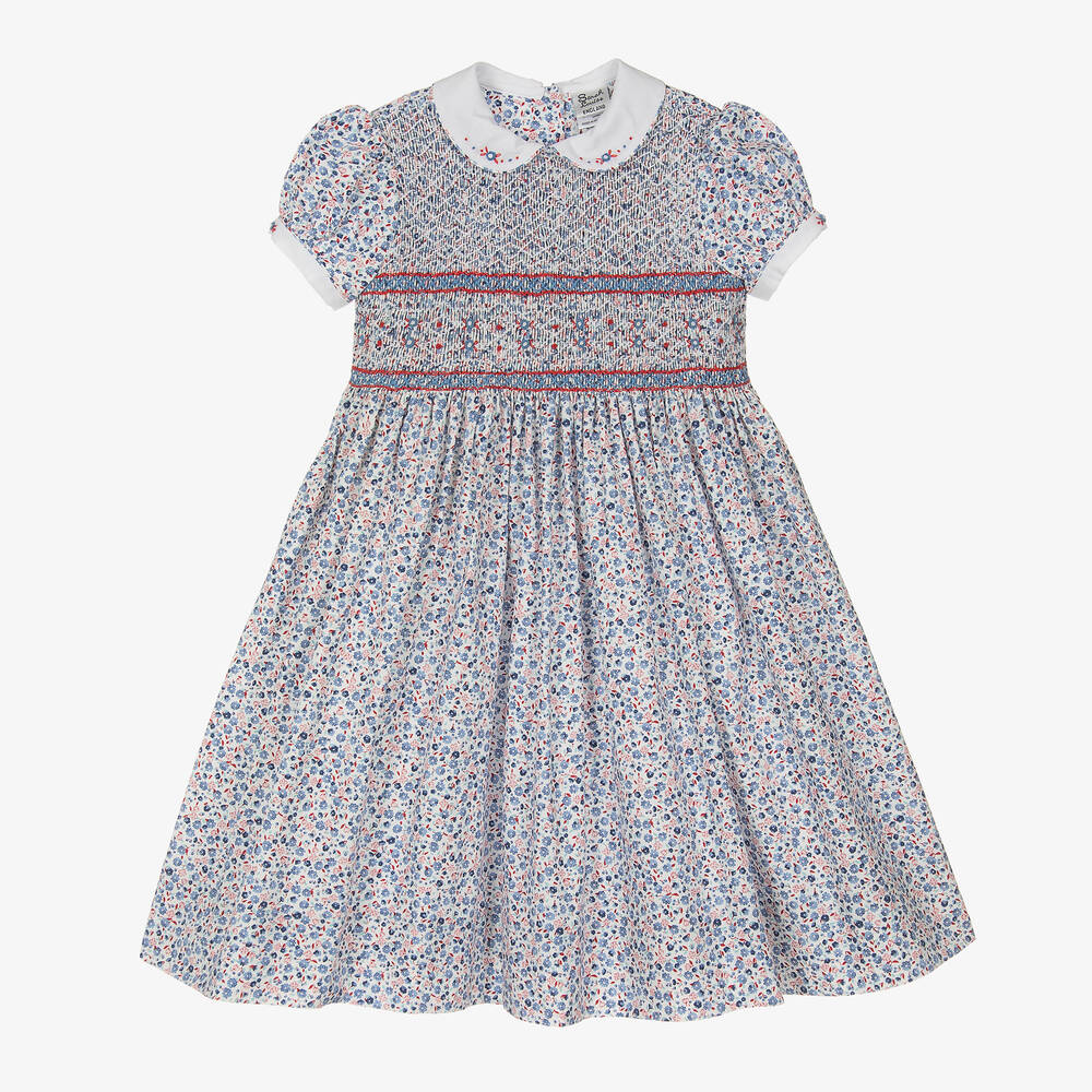 Sarah Louise Kids' Girls Blue Floral Smocked Cotton Dress