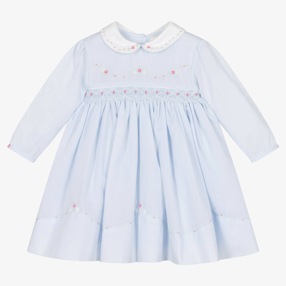 Sarah Louise - Girls Blue Hand-Smocked Cotton Dress | Childrensalon