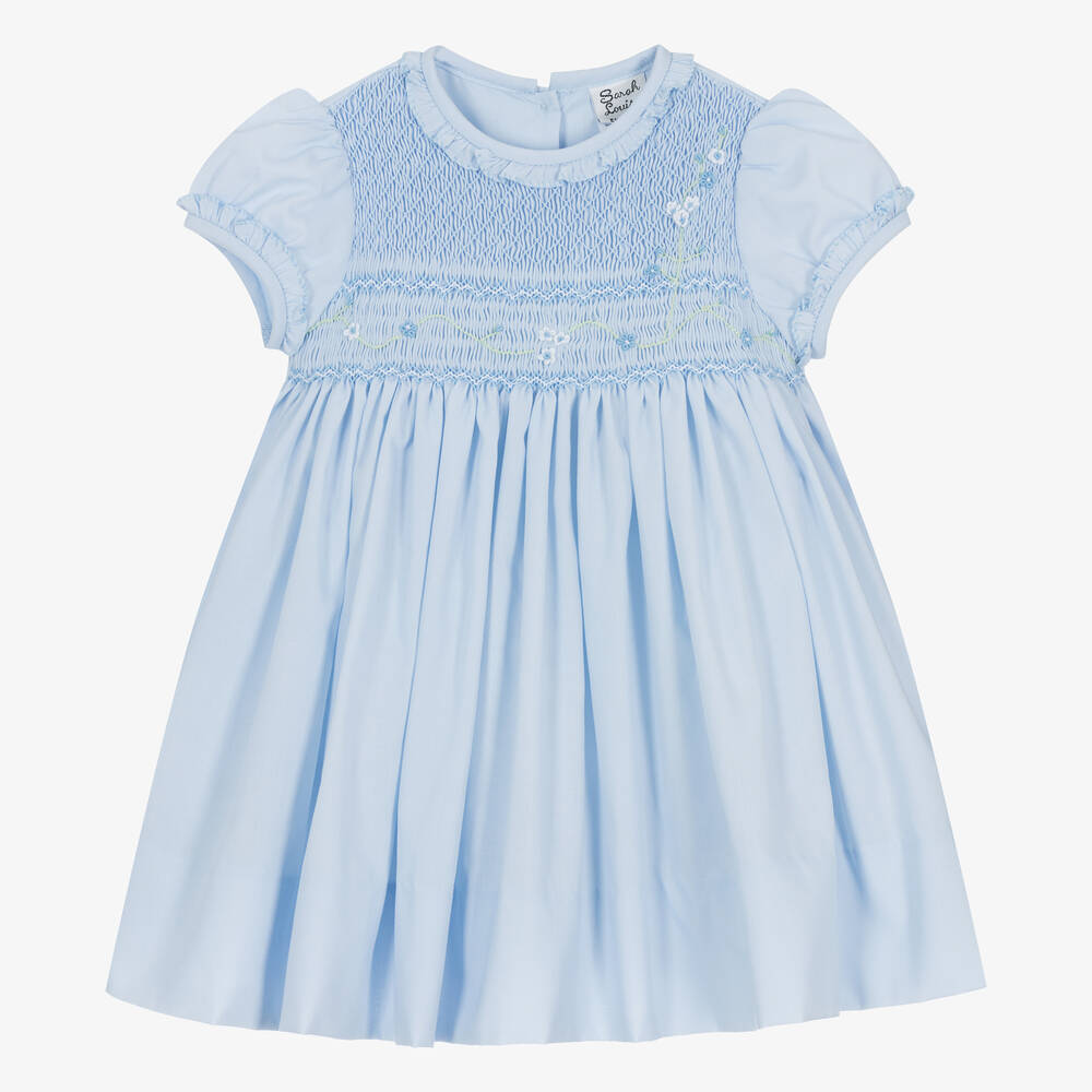 Shop Sarah Louise Girls Blue Hand-smocked Cotton Dress