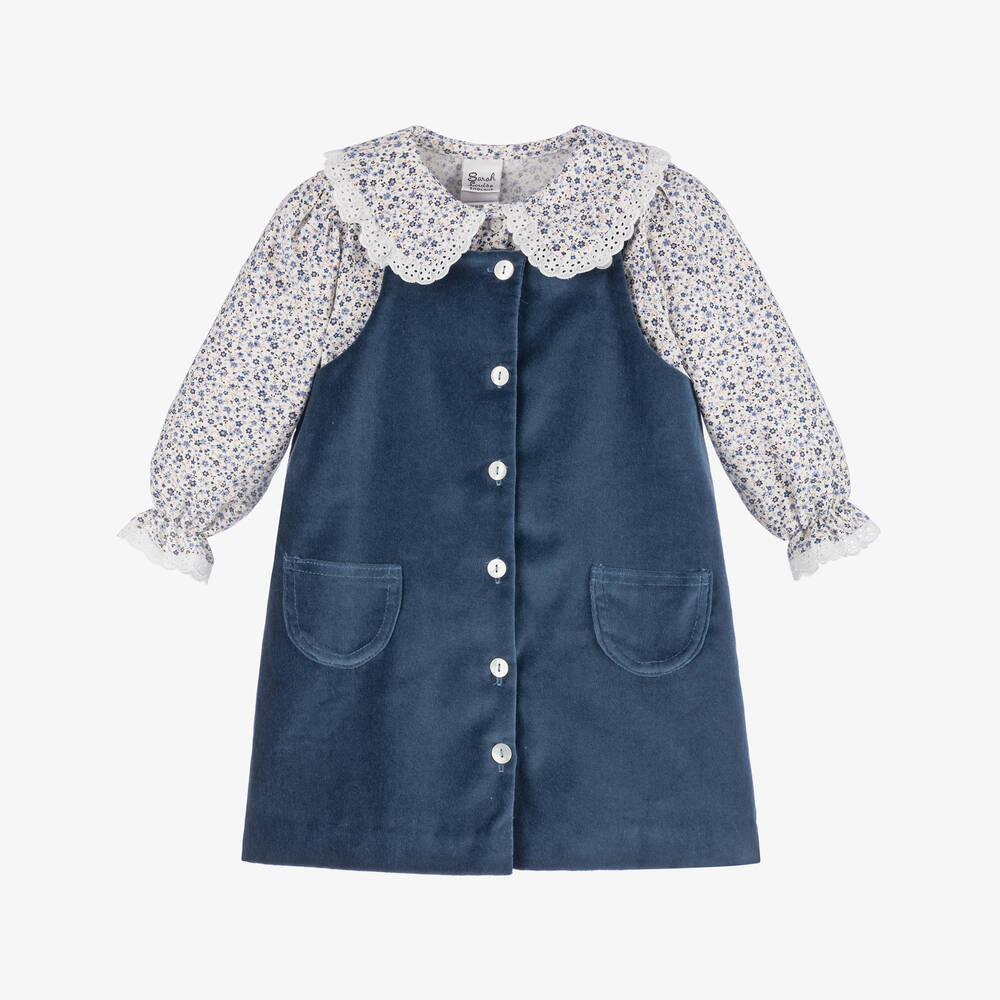 Sarah Louise - Girls Blue Velvet Dress Set | Childrensalon