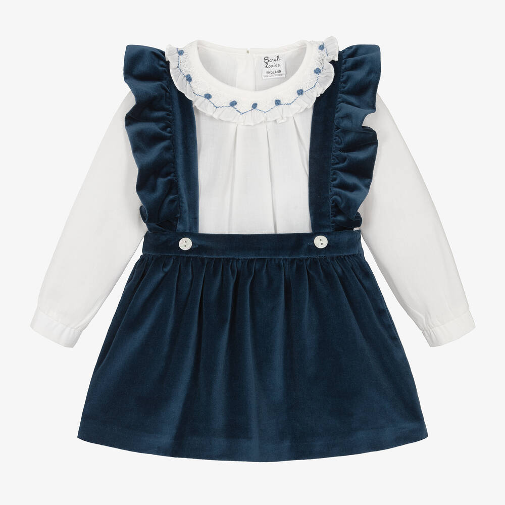 Sarah Louise - Girls Blue Velvet Hand-Smocked Skirt Set | Childrensalon