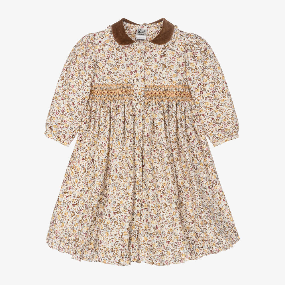 Sarah Louise - Girls Ivory & Beige Floral Smocked Dress | Childrensalon