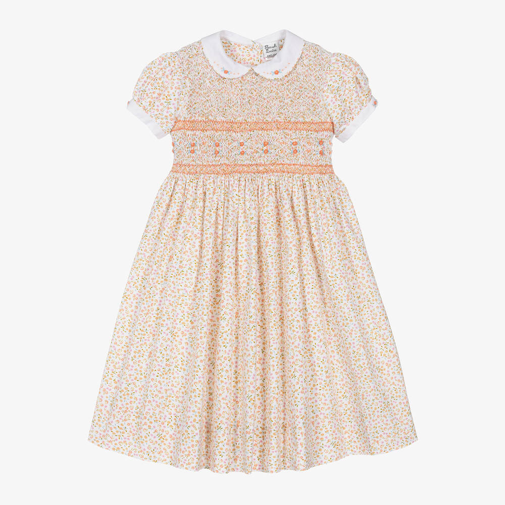 Sarah Louise - Girls Ivory Floral Smocked Cotton Dress | Childrensalon