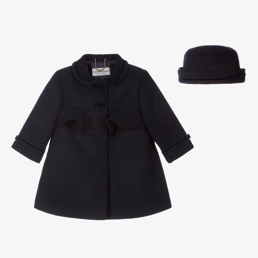 Sarah Louise - Girls Navy Blue Coat & Hat Set | Childrensalon