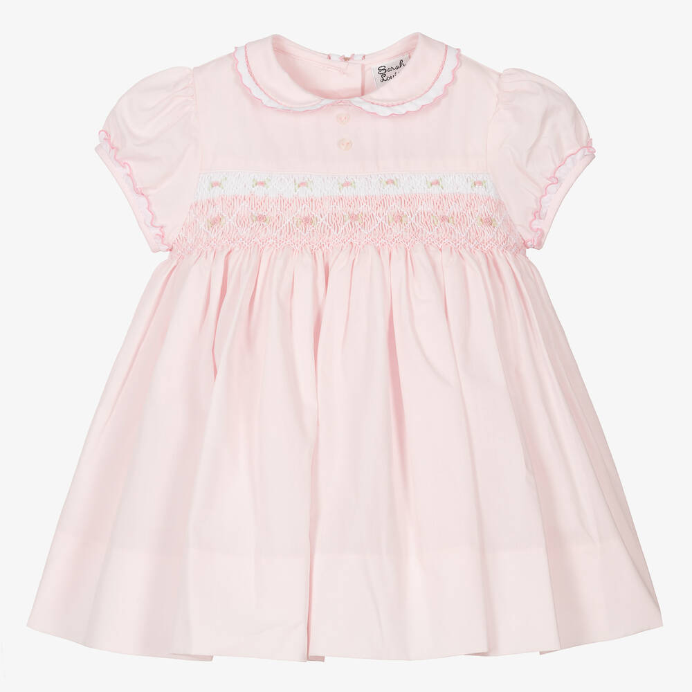 Sarah Louise - Girls Pink Floral Cotton Smocked Dress | Childrensalon