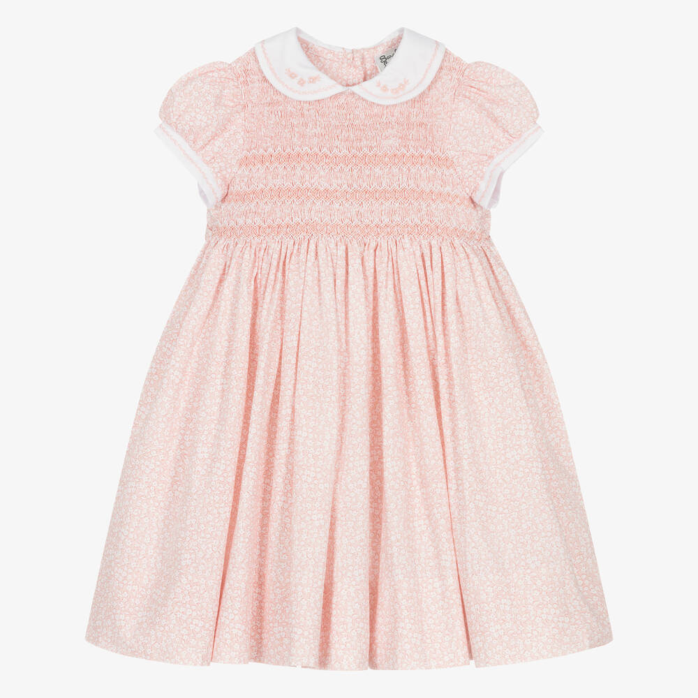 Sarah Louise - Girls Pink Floral Hand-Smocked Cotton Dress | Childrensalon